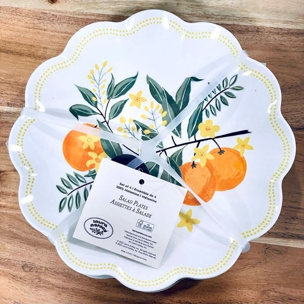 NWT Gorgeous Laura Ashley Set of 4 White Oranges Melamine Salad 9” Plates